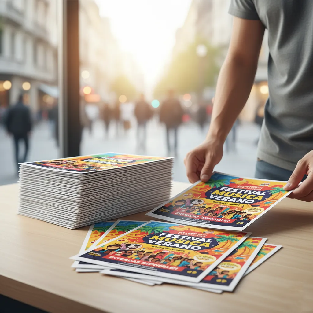 Fotografía de una impresión de folletos y volantes de Artes Gráficas Carnevali en una plaza mientras un hombre los lee.